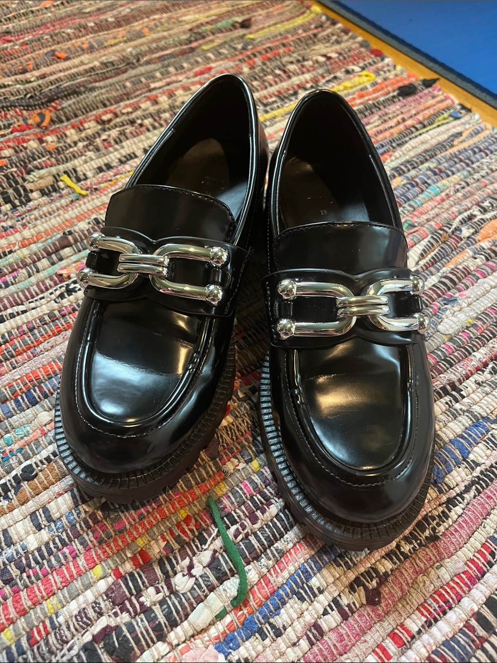 Zara Black Patent Loafers with Silver Chain